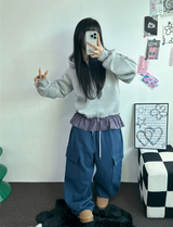 フリースピカブルー❤ベーシックワイドカーゴバルーンロングパンツ💚💙🖤🩶🤍5カラー