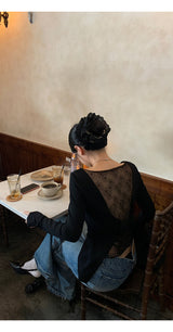Black bag see-through pad bow long-sleeved shirt