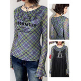 Printed ruffled check long-sleeved T-shirt