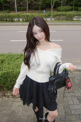 Deep cotton lace unbalanced midi skirt