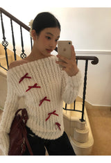 Red bow off-shoulder long-sleeved knitwear