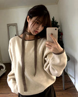 メビンリップネックカラーブロックワンショルダーウールロングスリーブニット