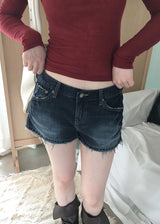  Koka Distressed Low-Rise A-Line Denim Shorts 