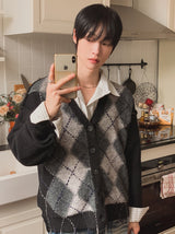 Harvers Argyle Color Matching Knit Cardigan