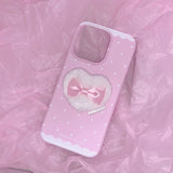 [PINK SET] lace polka dot phone case - hard + heart puff phone grip