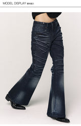 CONFUN Design sense three-dimensional cat whiskers, aged washed flared jeans style