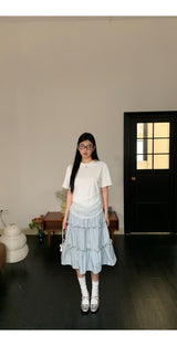 Lace shirring round loose fit short sleeve tee
