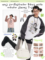 BETWEENAND spring waji joint illustration printing star raglan sleeves long sleeve shirt loose round neck T-shirt