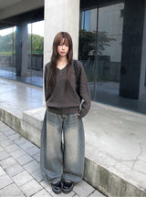 Kafun Vintage Washing Denim Wide Pants