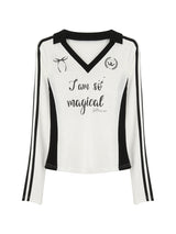 V-neck sporty black line long-sleeved shirt