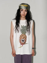 Fruit print casual loose round neck sleeveless vest.