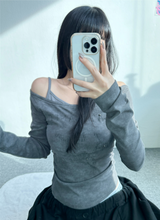 STUD SHIRRING TANK LAYERED SLIM LONG SLEEVE🤎🩶 - 2 COLORS