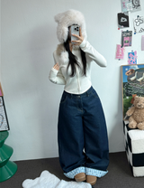 RIBBON🎀WIDE RIBBON ROLL-UP DENIM PANTS 🩵🎀