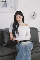 Lace Choker Scarf Unbalanced Long-Sleeved T-Shirt