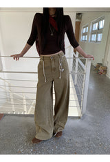 Khaki brown line wide cotton pants