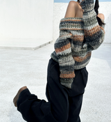 SNOWFLAKE COLOR-BLOCK BROWN OFF-SHOULDER LONG-SLEEVE KNIT