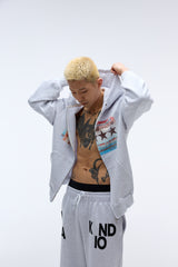 Sound wave artwork damage washing hoodie zip-up (Melange)