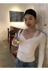 レースツイストシャーリングロングスリーブTシャツ