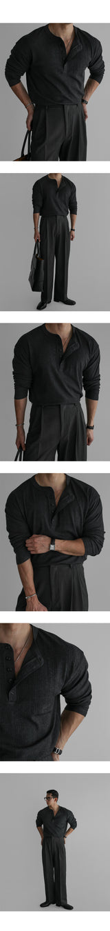 パターンマッスルヘンリーネックニットTシャツ [Charcoal]