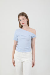 Off Shoulder Twist Half-Sleeve T-shirt Sky Blue