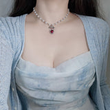 [ジェニーパーク Necklace] ローズピンクハートアンドリボン パールチョーカーネックレス