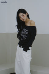 wide neck lettering normal fit long-sleeved T-shirt