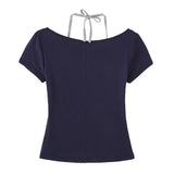 Halter Strap Layered Short Sleeve T-Shirt 231330362