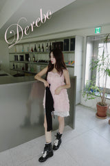 peach chiffon frill lace dress (cardigan set)