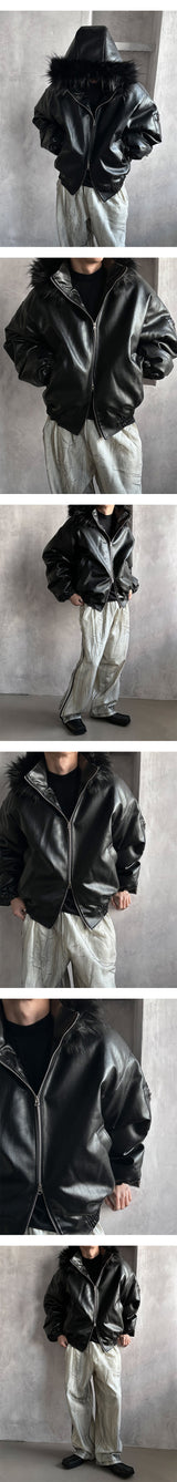 [F/W] Leather raccoon fur hood jumper