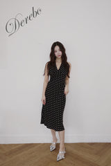 dot halter-neck sleeveless V-neck long dress