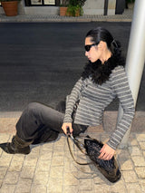 Black fur striped knit cardigan