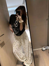 Lace ribbon banding wide pants