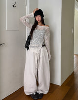 Oat herringbone side pintuck balloon pants