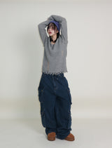ラバーVネックダメージカットポイント長袖ニット (wool material)