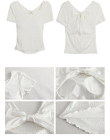 Back slit bow ribbed short sleeve tee