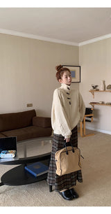 high-neck button bold ribbed loose fit knitwear