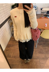 Twisted frill knit long-sleeved cardigan