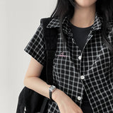 Peaky Pink Heart Embroidered チェック柄半袖シャツ