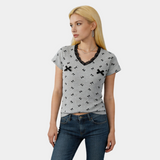 Bow Print V-Neck Slim Fit Tee