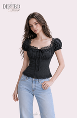 Black lace square short-sleeve blouse
