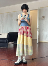 Aラインデニムパッチワークロングストラップドレス