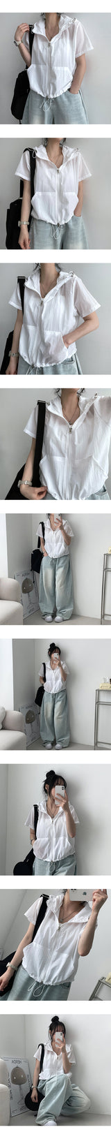 Adapted nylon two-way short-sleeved hooded zip-up jumper