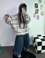 ストライプフリースワンサイドストリングアノラックニットスウェット 💙🩶🧡3COLOR