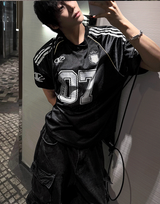 マットブラック & シルバーホワイトメッシュトラック半袖Tシャツ