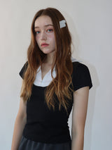 レースジップカラー半袖パフTシャツ(black)