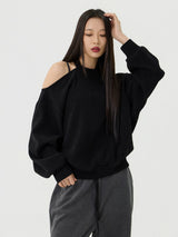 カットアウトホルターネックスウェットロングTシャツ, ブラック