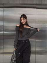 [Muffler set] レイオフショルダーストライプロングスリーブ