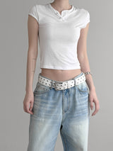 Lien Eyelet Henley Neck Open Crop Top