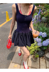Red Checkered Layered Navy Mini Dress