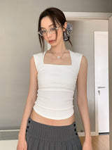 Square Neck Side Shirring V-neck Sleeveless T-shirt